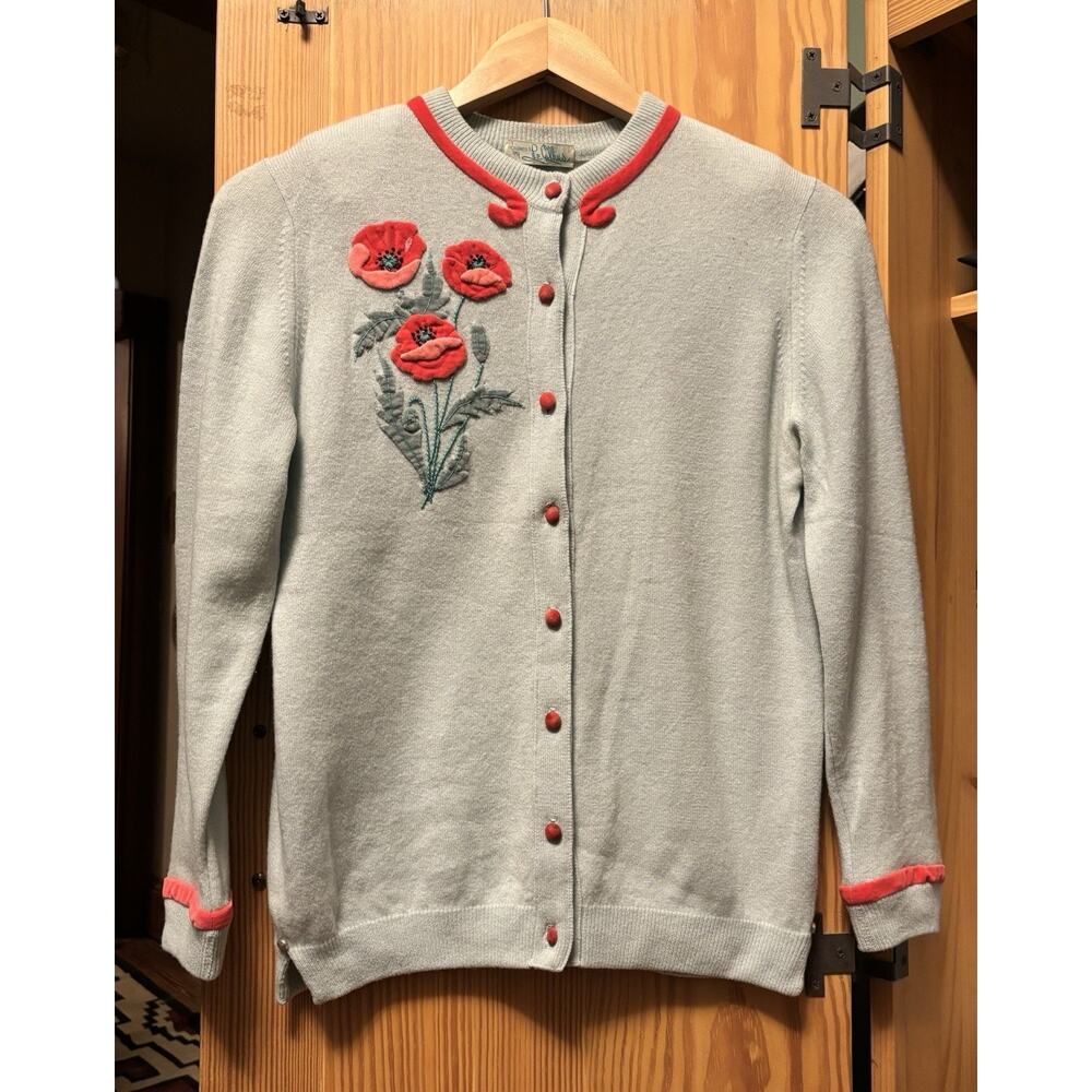 1950s LEE COLLINS Mint Green Cashmere w/Pink Velvet Floral Appliqué CARDIGAN￼￼
